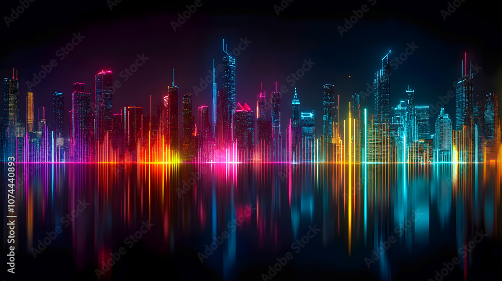 Vibrant Night City Skyline with Neon Lights Reflecting on Water Surface in a Futuristic Urban Landscape at Dusk, Creating a Stunning Visual Display Vibrant Night City Skyline with Neon Lights Reflecting on Water Surface in a Futuristic Urban Landscape at Dusk, Creating a Stunning Visual Display