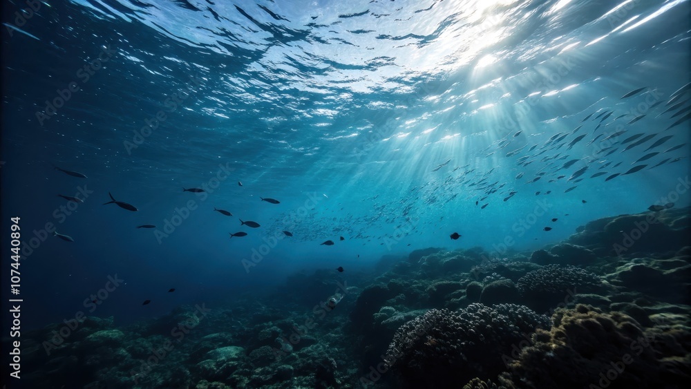 Sunlight Beams Through The Ocean Depths, Illuminating A School Of Fish And A Vibrant Coral Reef Sunlight Beams Through The Ocean Depths, Illuminating A School Of Fish And A Vibrant Coral Reef