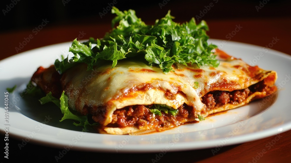 Delicious lasagna topped with fresh greens on a white plate. Delicious lasagna topped with fresh greens on a white plate.