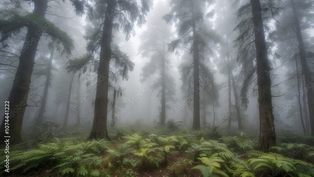Fototapeta premium Wide angle shot of a misted forest in the backdrop