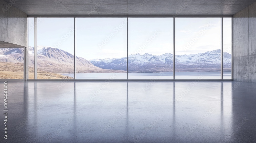 Naklejka premium A large empty room with a view of mountains and a lake