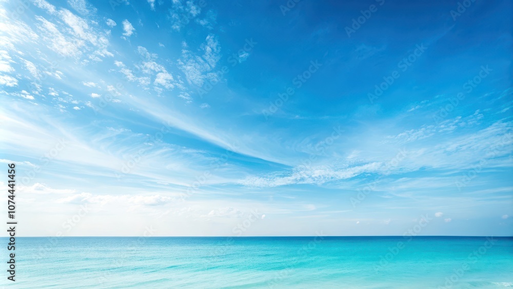 A panoramic view of the azure ocean meeting a sky filled with delicate white clouds, a serene depiction of nature's beauty. A panoramic view of the azure ocean meeting a sky filled with delicate white clouds, a serene depiction of nature's beauty.