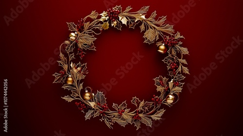 Festive Christmas wreath made of gold line art, decorated with holly, ribbons, and bells, isolated on a deep red background.