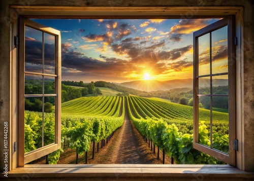 A Window Framing a Stunning Vineyard Landscape Showcasing Rows of Grape Vines Under a Clear Blue Sky, Perfect for Wine Enthusiasts and Nature Lovers Alike