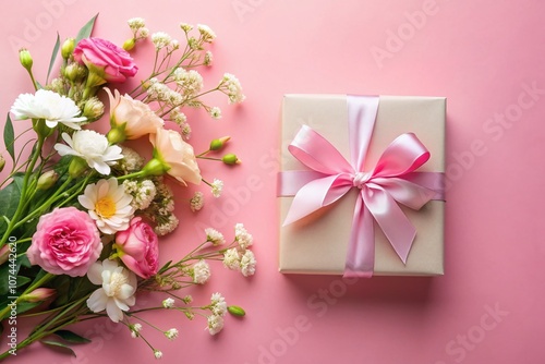 Beautiful Flat Lay of Gift Box and Fresh Flowers on a Pastel Pink Table with a Greeting Card for Celebrations and Special Occasions in Soft Colors