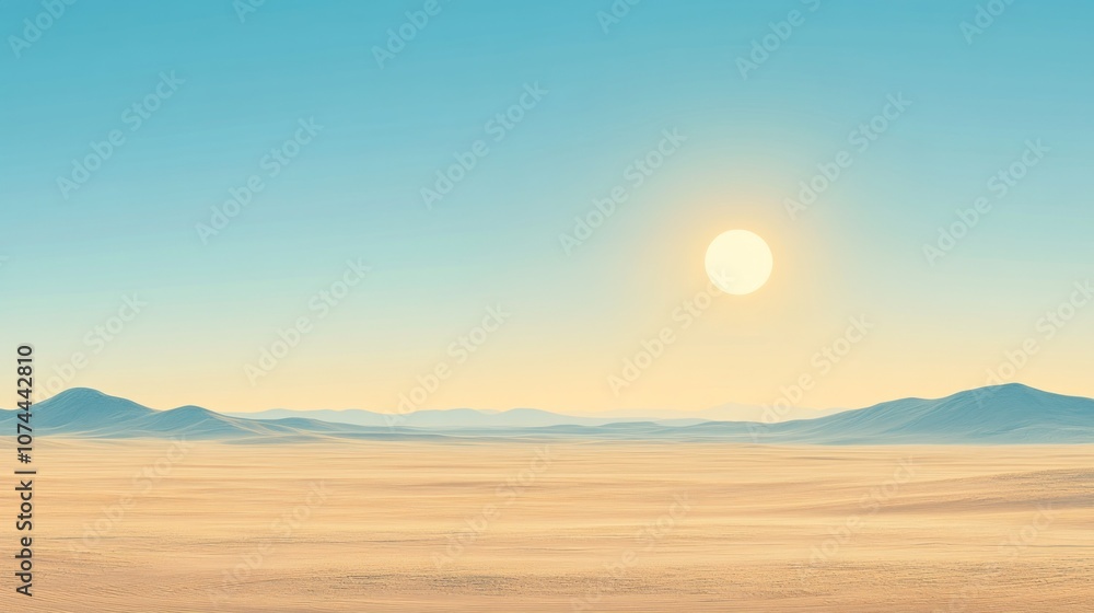 A flat and quiet desert scene background, fine sand and clear blue sky, the sun is setting A flat and quiet desert scene background, fine sand and clear blue sky, the sun is setting
