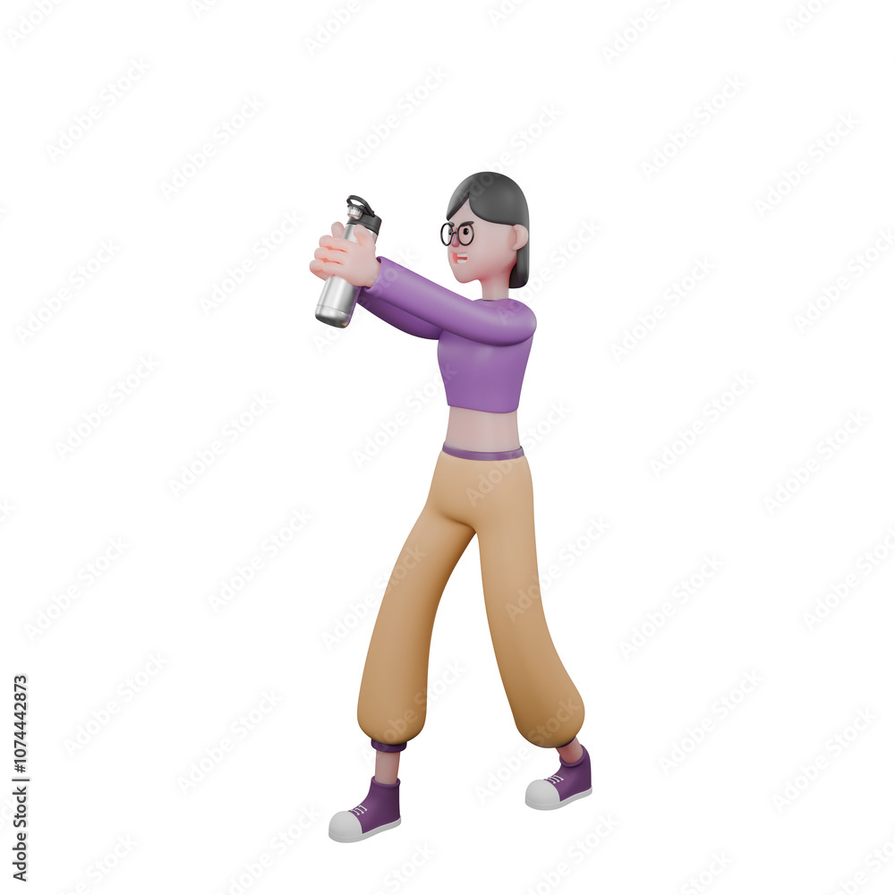 3D Dancer Character Design. A female dancer walks to the right with both hands raised straight forward while holding a tumbler. Dance Talent 3D Dancer Character Design. A female dancer walks to the right with both hands raised straight forward while holding a tumbler. Dance Talent