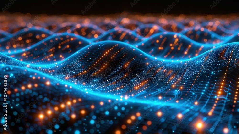 Abstract Digital Landscape with Glowing Blue and Orange Waves Representing Data Flow and Information Technology in a Futuristic Environment Abstract Digital Landscape with Glowing Blue and Orange Waves Representing Data Flow and Information Technology in a Futuristic Environment