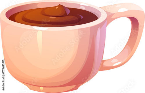 Cartoon hot chocolate cup, white porcelain mug with a handle contains warm brown drink. Isolated vector sweet dessert beverage exudes coziness and comfort for winter holidays and relaxation themes