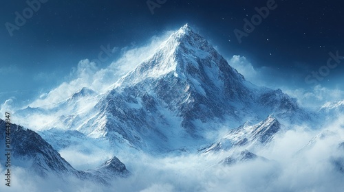 Background of a tall snowy mountain covered with white snow and dark blue sky, cool and refreshing atmosphere