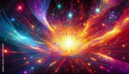 A colorful explosion of energy symbolizing the sudden and profound effects of the Higgs field activation.