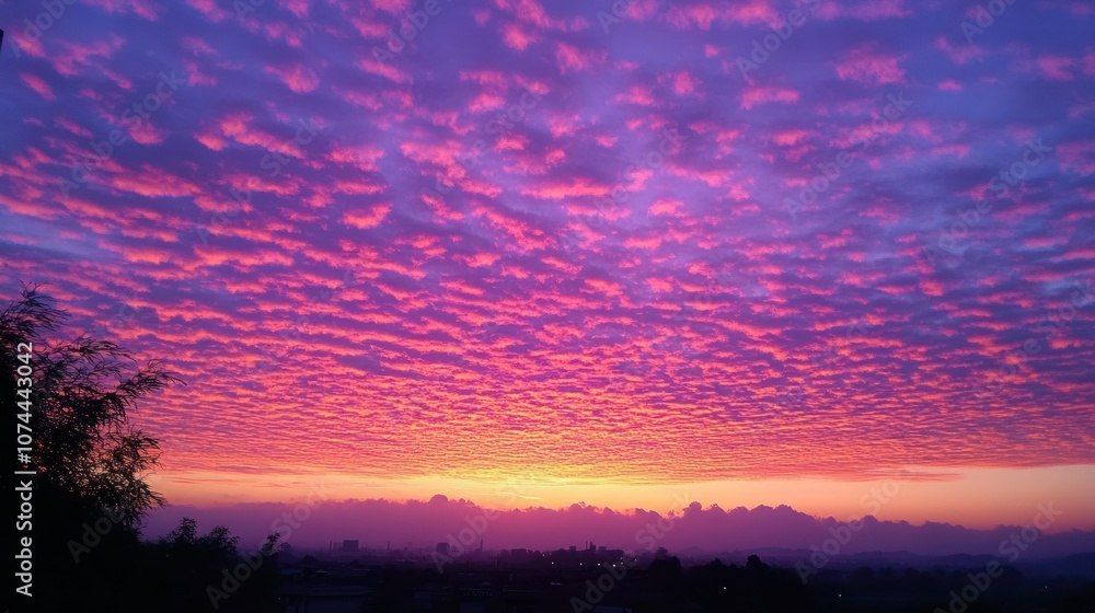 Fototapeta premium Background of pink and purple sky at sunset, thin floating clouds, warm atmosphere.
