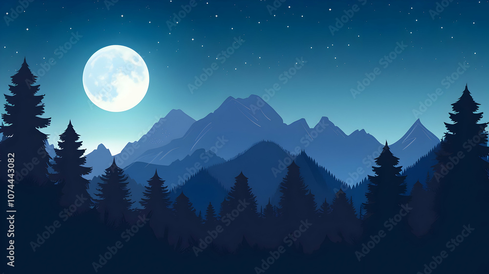 Fototapeta premium Moonlight shining over a mountain silhouette against a deep blue night background
