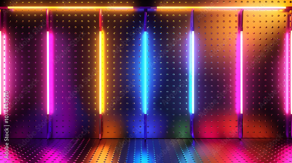 Neon lights in bold colors reflecting off a metallic background, evoking a retro vibe Neon lights in bold colors reflecting off a metallic background, evoking a retro vibe