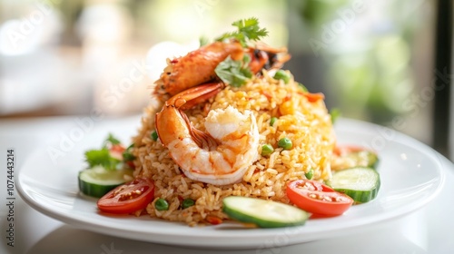 A white plate with a heaping helping of stir-fried rice topped with two large shrimp, garnished with tomato wedges, cucumber slices, and fresh cilantro.