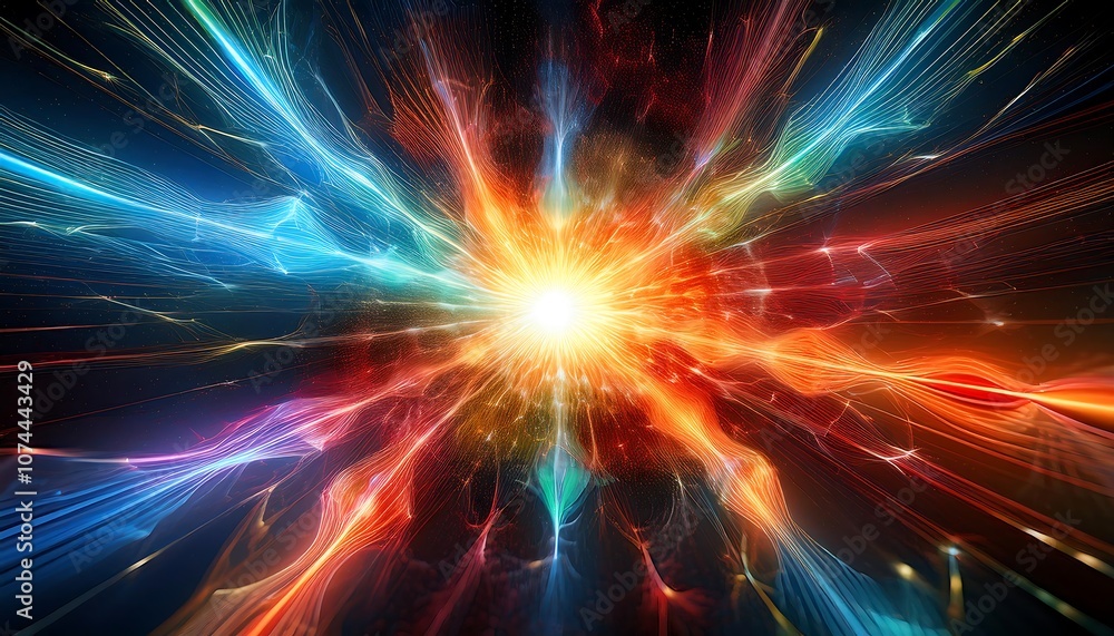 A colorful explosion of energy symbolizing the sudden and profound effects of the Higgs field activation. A colorful explosion of energy symbolizing the sudden and profound effects of the Higgs field activation.