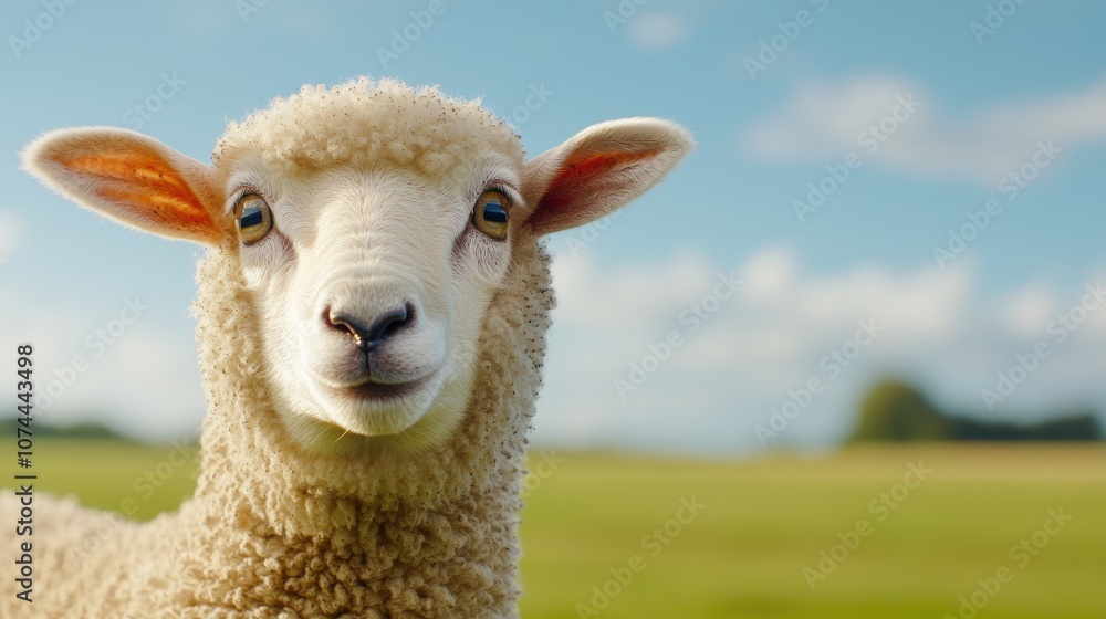 Adorable Close-Up of a Curious Sheep with Fluffy Wool and Bright Eyes Against a Vibrant Green Field and Blue Sky in a Sunny Daylight Setting Adorable Close-Up of a Curious Sheep with Fluffy Wool and Bright Eyes Against a Vibrant Green Field and Blue Sky in a Sunny Daylight Setting