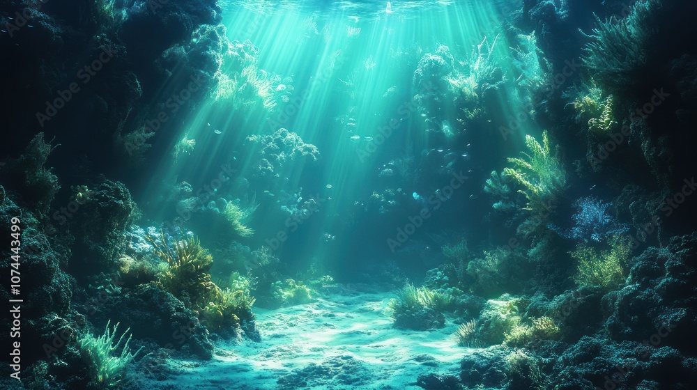Naklejka premium Cinematic background with underwater lighting in shades of blue and green, creating a deep, immersive effect