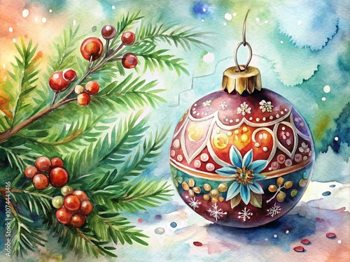 Beautiful Watercolor Christmas Ornament with Vibrant Colors and Intricate Patterns, Perfect for Holiday Decor and Festive Celebrations, Adding a Touch of Elegance to Your Christmas Tree