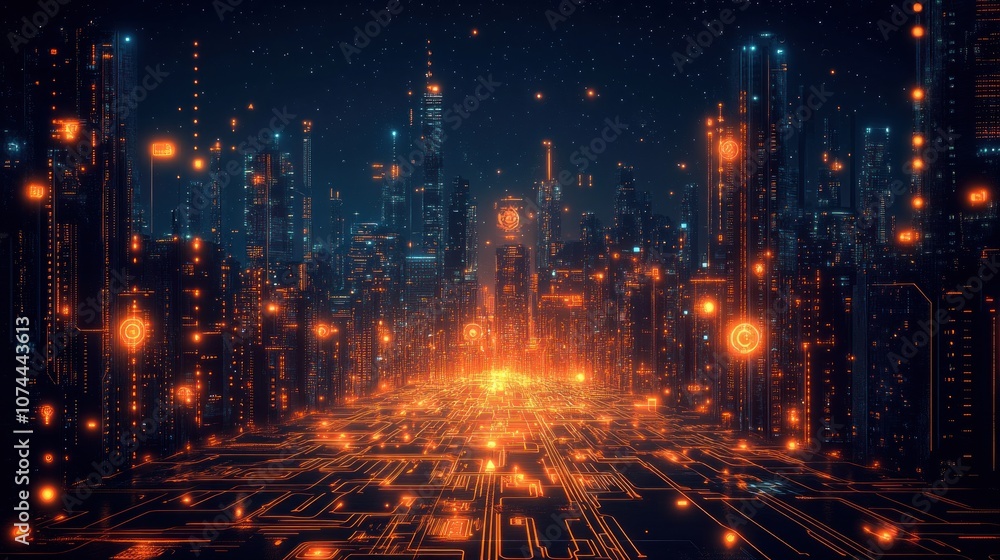 Cyberpunk background with glowing circuit board patterns embedded in a cityscape, highlighting a digital and high-tech feel