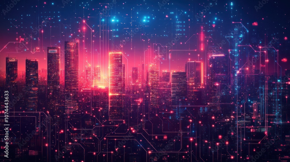 Cyberpunk background with glowing circuit board patterns embedded in a cityscape, highlighting a digital and high-tech feel Cyberpunk background with glowing circuit board patterns embedded in a cityscape, highlighting a digital and high-tech feel