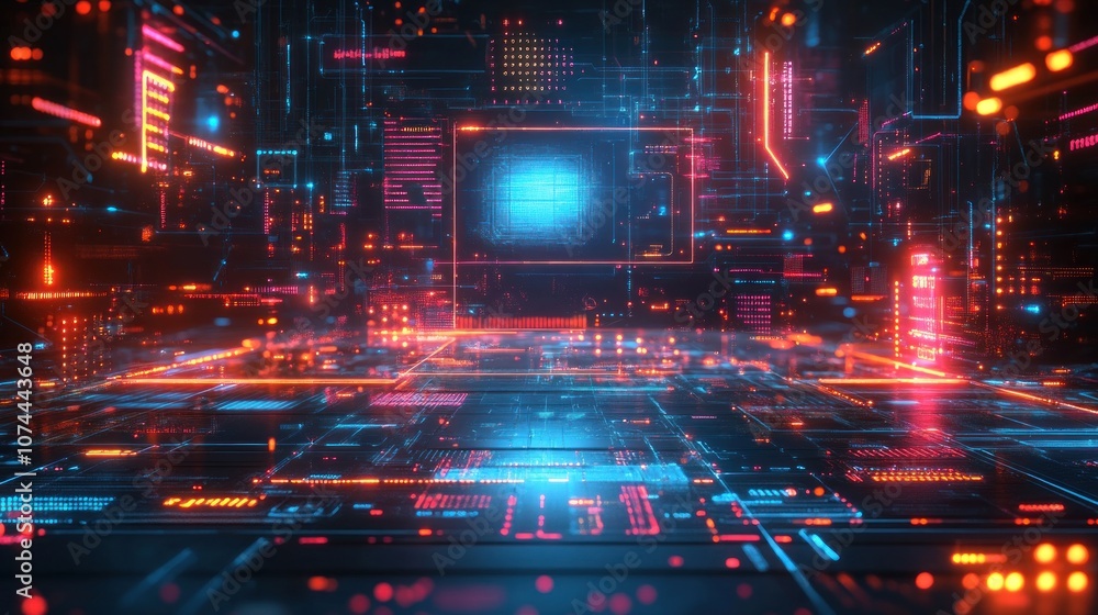Cyberpunk background with holographic projections and floating digital screens, surrounded by neon lights in various shades Cyberpunk background with holographic projections and floating digital screens, surrounded by neon lights in various shades