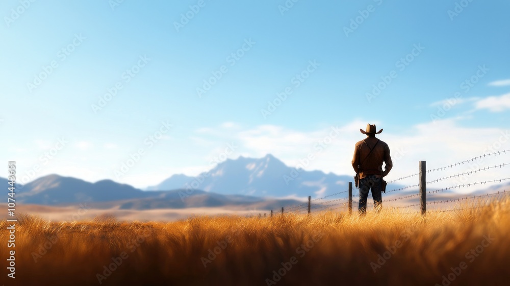 Lone Cowboy Standing in Open Field with Mountains in Background, Warm Sunset Light Illuminating Grassy Landscape and Sky in Scenic Wilderness Lone Cowboy Standing in Open Field with Mountains in Background, Warm Sunset Light Illuminating Grassy Landscape and Sky in Scenic Wilderness