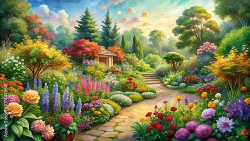 Beautiful Watercolor Painting of a Vibrant Garden in Full Bloom with Lush Greenery, Colorful Flowers, and a Serene Atmosphere, Perfect for Nature Lovers and Art Enthusiasts