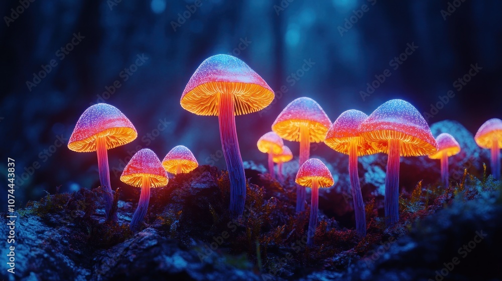 Fototapeta premium Fantasy background with colorful bioluminescent mushrooms and plants in a dark forest, casting an ethereal glow