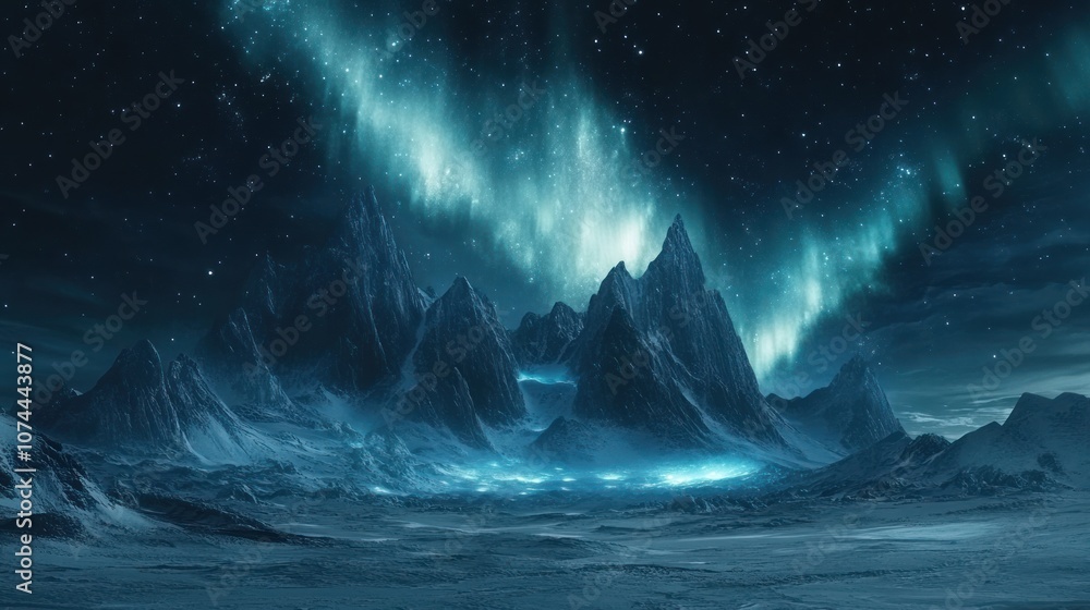 Fototapeta premium Fantasy background with towering snow-capped mountains and an aurora borealis illuminating the night sky, creating a mystical landscape