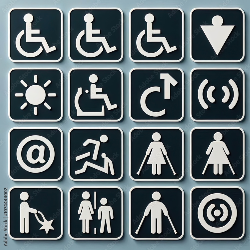 Accessibility symbols: Symbols such as wheelchairs, white canes, or hearing impaired signs are often used to represent people with disabilities and the importance of accessibility in the built environ Accessibility symbols: Symbols such as wheelchairs, white canes, or hearing impaired signs are often used to represent people with disabilities and the importance of accessibility in the built environ