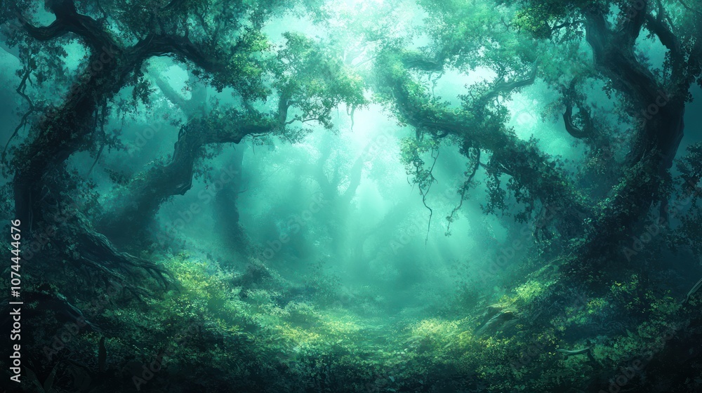 Fototapeta premium Mysterious forest background with ancient twisted trees, vines hanging low, and a subtle mist covering the ground