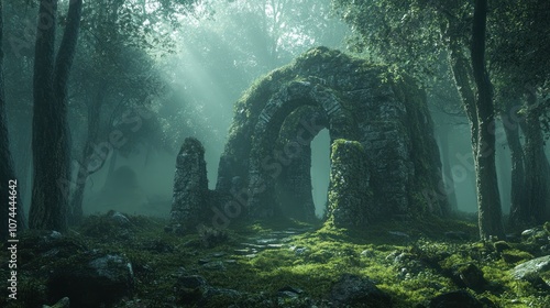 Mysterious forest background with ancient stone ruins partially covered in moss and surrounded by dark trees photo