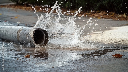 Wallpaper Mural Water splashes from a pipe onto a pavement, creating a dynamic scene. Torontodigital.ca