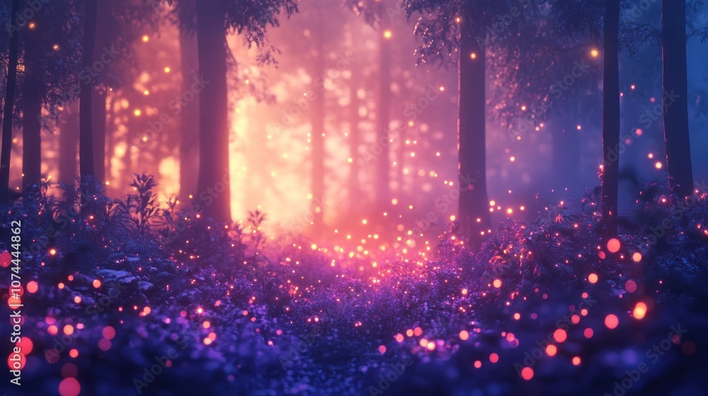 Mysterious forest background with soft glow from distant fairy lights, casting subtle colors onto the dark forest scene Mysterious forest background with soft glow from distant fairy lights, casting subtle colors onto the dark forest scene
