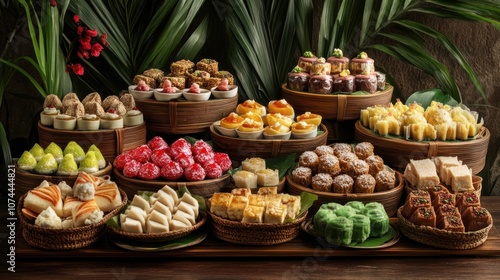 A vibrant display of assorted traditional desserts arranged in bamboo baskets.