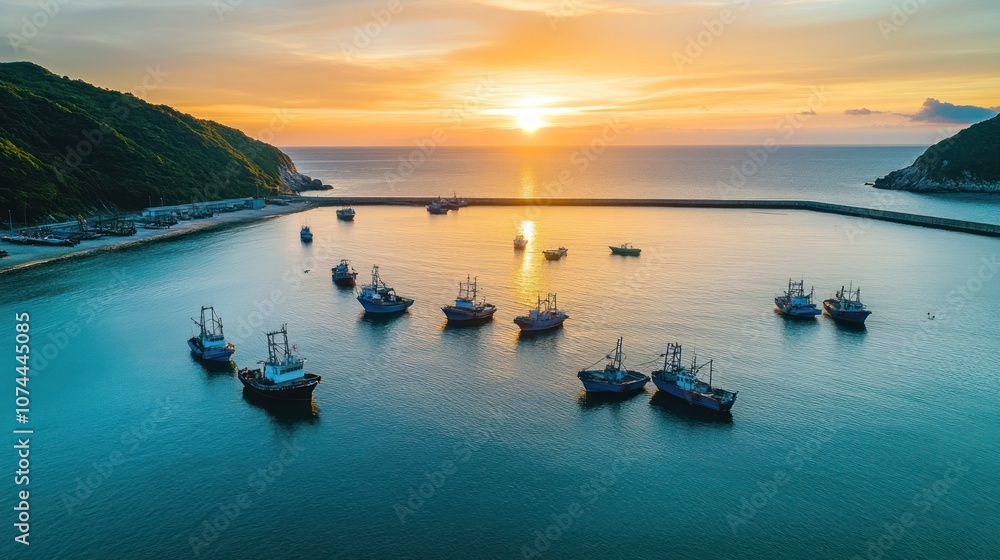 Fototapeta premium A serene harbor at sunset with fishing boats anchored in calm waters.