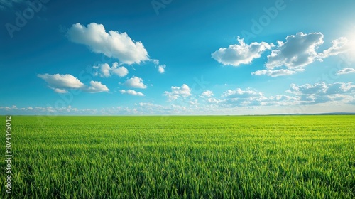 Nature background of green rice fields in straight lines and clear blue sky with light clouds floating