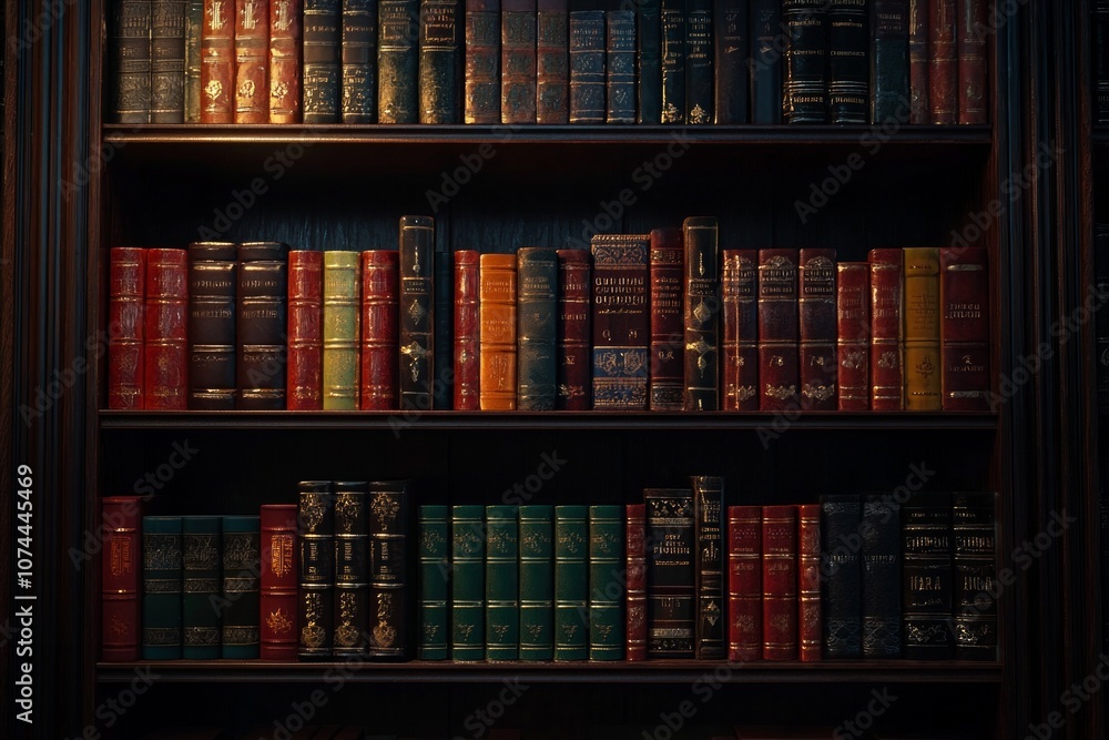 A bookshelf filled with colorful leather-bound books, showcasing the beauty of vintage library aesthetics. A bookshelf filled with colorful leather-bound books, showcasing the beauty of vintage library aesthetics.