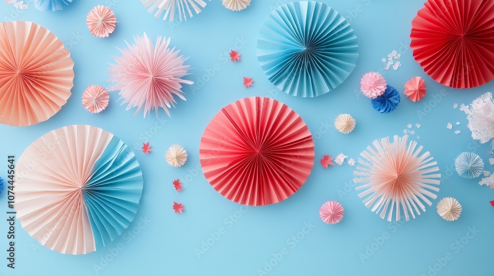 Celebrate Independence Day with this banner featuring paper fans and fireworks on a light blue backdrop. Perfect for commemorating the 4th of July, American Labor Day, and Presidents Day. Celebrate Independence Day with this banner featuring paper fans and fireworks on a light blue backdrop. Perfect for commemorating the 4th of July, American Labor Day, and Presidents Day.