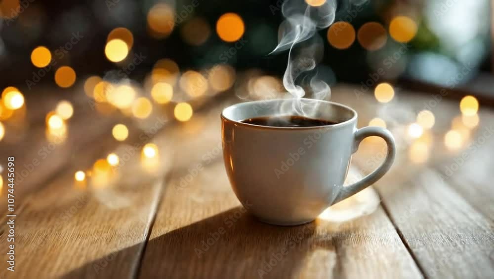 Cup of coffee on a wooden table from which steam is coming and New Year's garlands are flashing in the background. Motion animation. Cup of coffee on a wooden table from which steam is coming and New Year's garlands are flashing in the background. Motion animation.