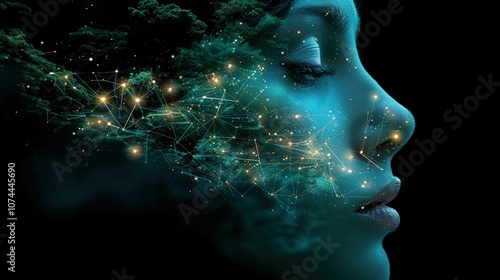 Surreal Art Concept Depicting Female Profile Merging with Cosmic Elements and Ethereal Glow Representing Dreams, Imagination, and Infinite Possibilities