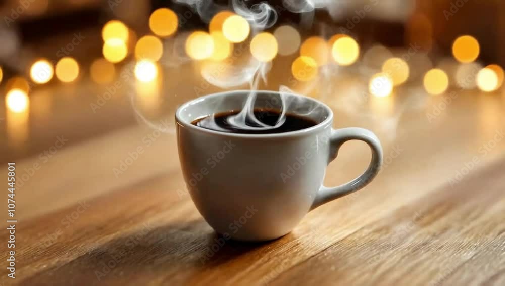 Cup of coffee on a wooden table from which steam is coming and New Year's garlands are flashing in the background. Motion animation.