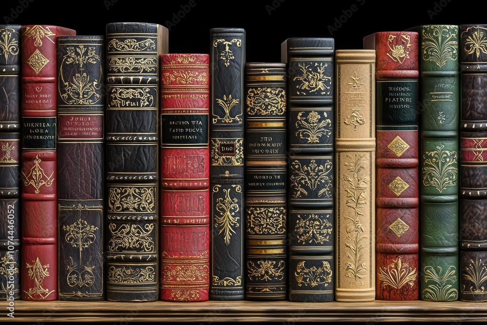 A bookshelf filled with colorful leather-bound books, showcasing the beauty of vintage library aesthetics. A bookshelf filled with colorful leather-bound books, showcasing the beauty of vintage library aesthetics.