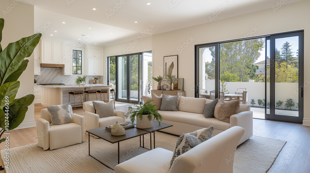 Fototapeta premium Bright and Airy Minimalist Living Room with Open Kitchen and Stylish Neutral Decor