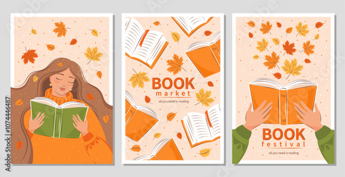 Set of banner for bookstore, library, sale in bookshop, market. Girl reading a book among with autumn bright leaves. Vector illustration for poster, cover, marketing, sale.
