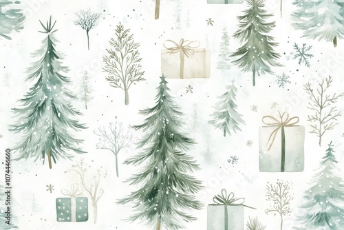 Watercolor seamless pattern with winter trees and gift boxes.