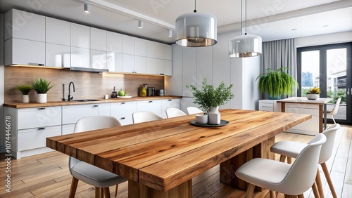 Wallpaper Mural Candid Photography of a Timber Table in a Contemporary Premium Condominium Featuring a Minimalist White Kitchen and Tasteful Interior Architecture for Home Decor Inspiration Torontodigital.ca