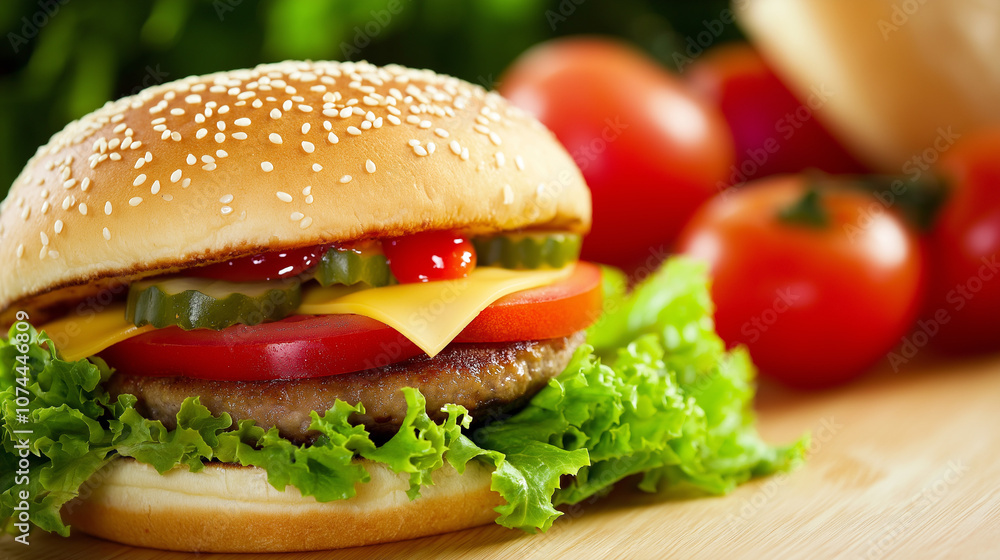 Classic Cheeseburger with Pickles, Fresh Lettuce, Tomato, and Sesame Seed Bun Classic Cheeseburger with Pickles, Fresh Lettuce, Tomato, and Sesame Seed Bun