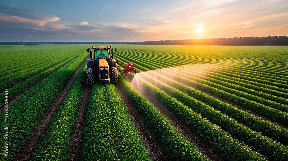 A breathtaking aerial view captures the tranquil beauty of a lush green soybean plantation bathed in the warm glow of the setting sun A breathtaking aerial view captures the tranquil beauty of a lush green soybean plantation bathed in the warm glow of the setting sun
